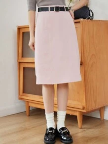 DAZY 素色直筒半身裙不附腰帶 - 淺粉色 - 查看 7