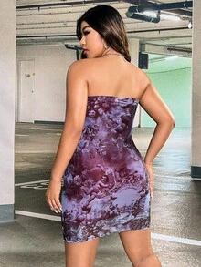 SHEIN EZwear 大碼人物和花卉圖案抹胸緊身洋裝 - 彩色 - 查看 2