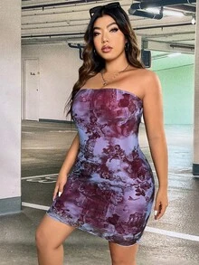 SHEIN EZwear 大碼人物和花卉圖案抹胸緊身洋裝 - 彩色 - 查看 3