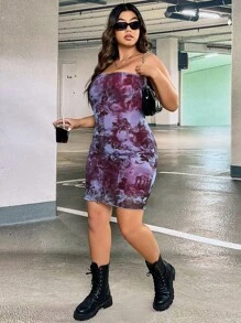 SHEIN EZwear 大碼人物和花卉圖案抹胸緊身洋裝 - 彩色 - 查看 4