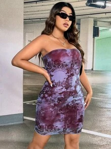 SHEIN EZwear 大碼人物和花卉圖案抹胸緊身洋裝 - 彩色 - 查看 5