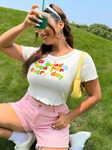 SHEIN EZwear Plus Size Họa tiết hoa & khẩu hiệu Rau diếp Cắt tỉa Áo phông Thời tiết tốt mỗi ngày - trắng - Xem 3