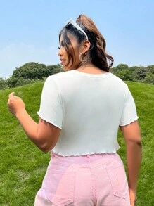 SHEIN EZwear Plus Size Họa tiết hoa & khẩu hiệu Rau diếp Cắt tỉa Áo phông Thời tiết tốt mỗi ngày - trắng - Xem 2