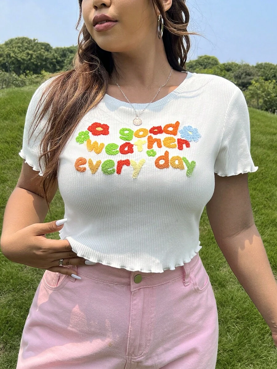 SHEIN EZwear Plus Size Họa tiết hoa & khẩu hiệu Rau diếp Cắt tỉa Áo phông Thời tiết tốt mỗi ngày - trắng - Xem 1