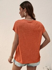 SHEIN LUNE Áo thun nữ Tương phản ren màu trơn Giải trí - Rỉ Nâu - Xem 2