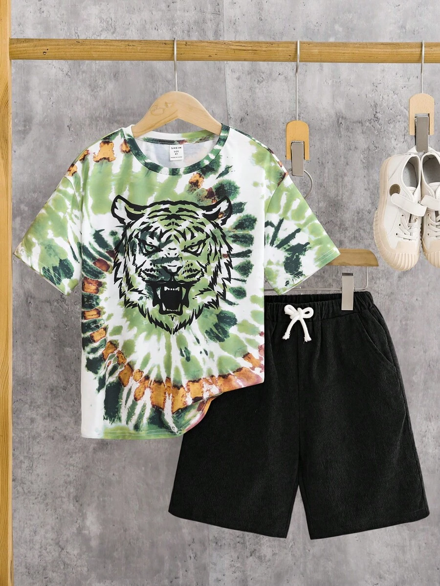 SHEIN 男孩紮染老虎印花T恤&腰部抽繩短褲 - 彩色 - 查看 1