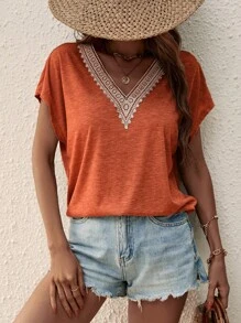 SHEIN LUNE Áo thun nữ Tương phản ren màu trơn Giải trí - Rỉ Nâu - Xem 4