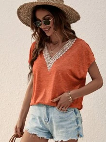 SHEIN LUNE Áo thun nữ Tương phản ren màu trơn Giải trí - Rỉ Nâu - Xem 5