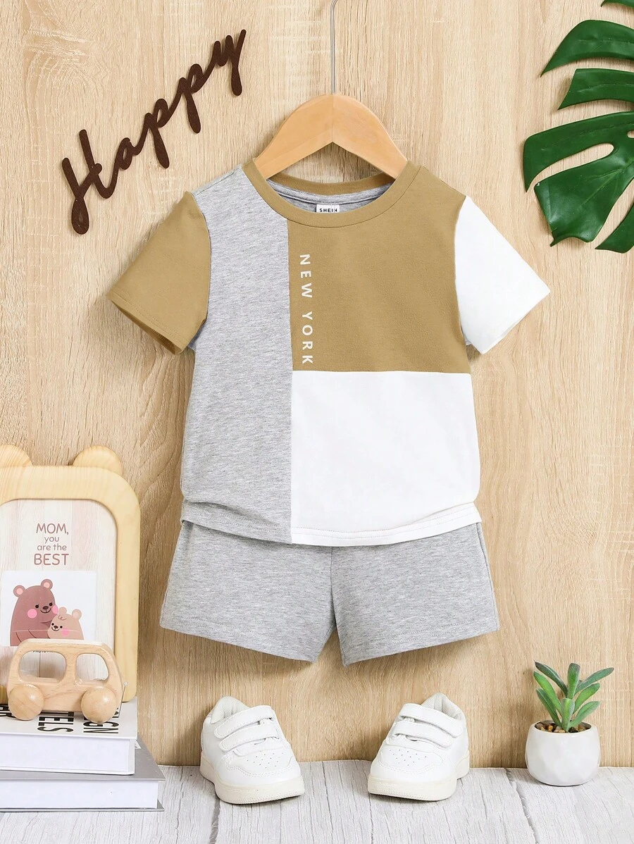 SHEIN Đứa bé trai Khối màu Đồ họa Chữ cái Áo thun & quần đùi - Màu Khaki - Xem 1