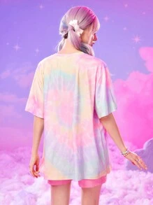 ROMWE X Care Bears 卡通图案扎染超大 T 恤，学校 - 彩色 - 查看 2