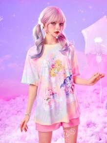 ROMWE X Care Bears 卡通图案扎染超大 T 恤，学校 - 彩色 - 查看 6