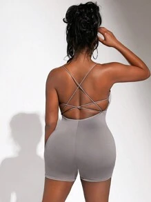 Slaydiva Criss Cross Backless Cami Unitard Romper - Grey - View 4