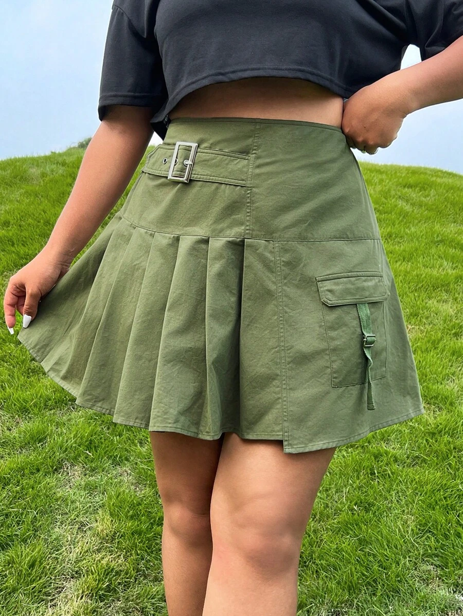 SHEIN EZwear 大碼翻蓋口袋百褶下擺搭扣細節工裝裙 - 軍綠色 - 查看 1