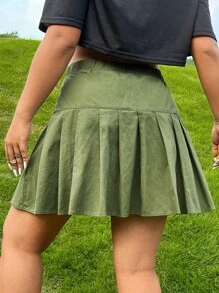 SHEIN EZwear 大碼翻蓋口袋百褶下擺搭扣細節工裝裙 - 軍綠色 - 查看 2