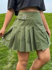 SHEIN EZwear 大碼翻蓋口袋百褶下擺搭扣細節工裝裙 - 軍綠色 - 查看 4