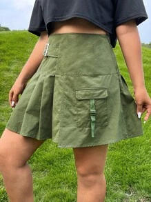 SHEIN EZwear 大碼翻蓋口袋百褶下擺搭扣細節工裝裙 - 軍綠色 - 查看 6