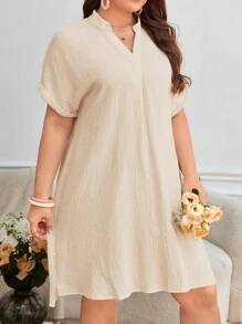 SHEIN Frenchy 大碼缺口領蝙蝠袖連衣裙 - 杏色 - 查看 3