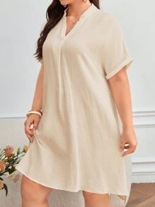 SHEIN Frenchy 大碼缺口領蝙蝠袖連衣裙 - 杏色 - 查看 5