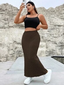 SHEIN Holidaya 大碼高腰魚尾短裙 - 咖啡棕 - 查看 3