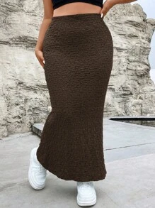 SHEIN Holidaya 大碼高腰魚尾短裙 - 咖啡棕 - 查看 7