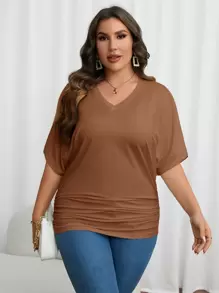 EMERY ROSE Áo thun Plus size Xù màu trơn Giải trí - Cà phê nâu - Xem 1