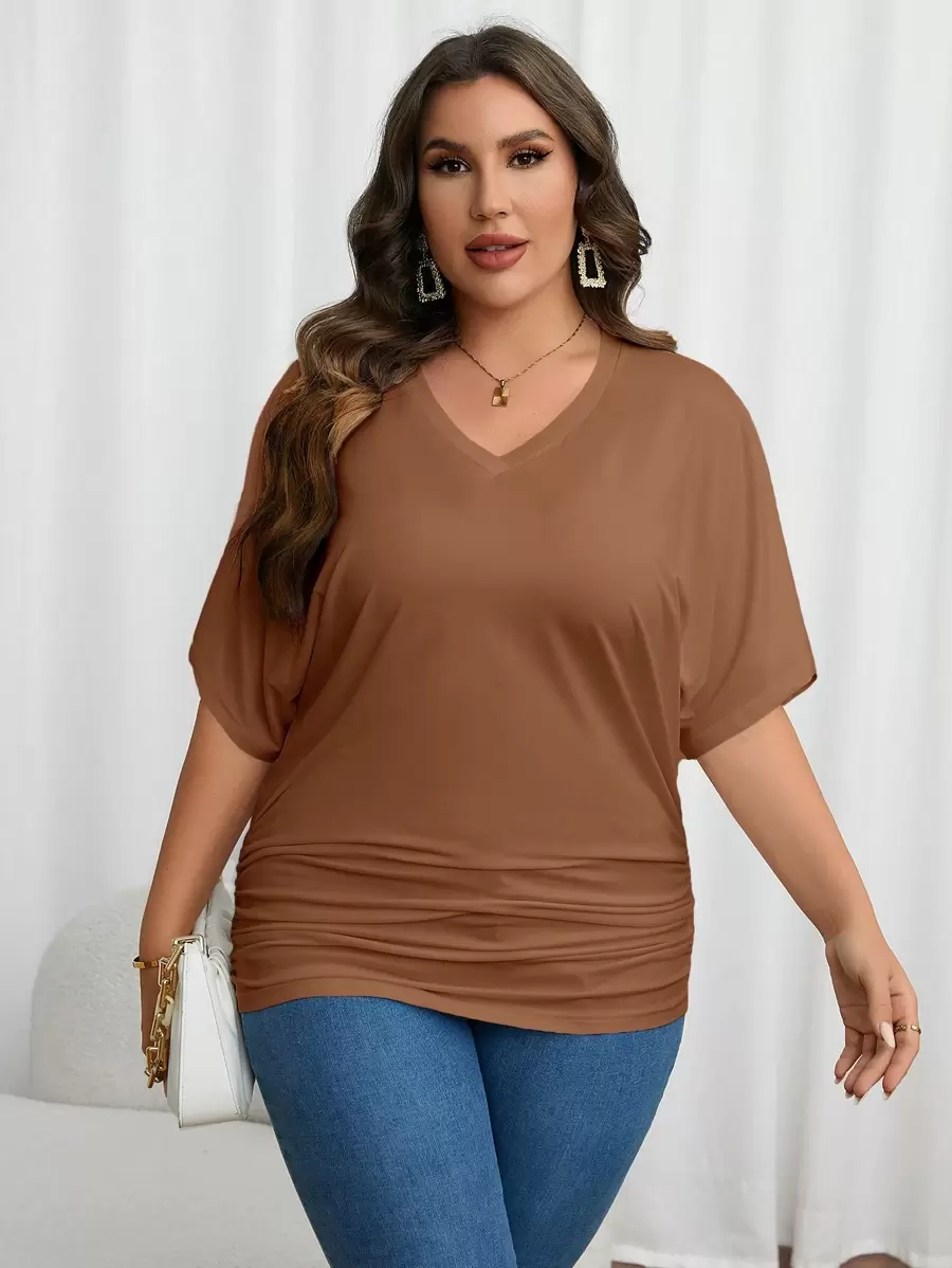EMERY ROSE Plus Batwing Sleeve Ruched Tee - Coffee Brown - View 1