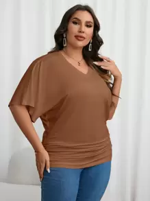 EMERY ROSE Áo thun Plus size Xù màu trơn Giải trí - Cà phê nâu - Xem 3