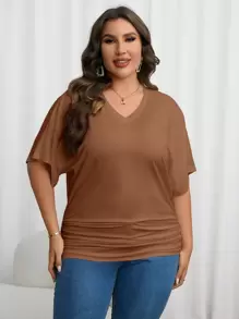 EMERY ROSE Áo thun Plus size Xù màu trơn Giải trí - Cà phê nâu - Xem 5
