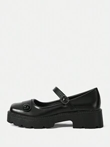 SHEIN MOD 學院黑色瑪麗珍鞋適合女士,紐扣裝飾厚底鞋 - 黑色 - 查看 1