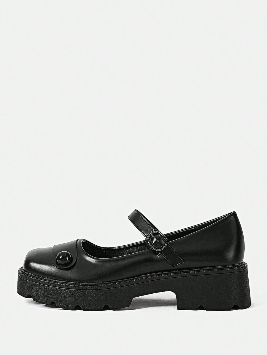 SHEIN MOD 學院黑色瑪麗珍鞋適合女士,紐扣裝飾厚底鞋 - 黑色 - 查看 1