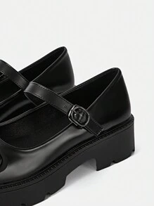 SHEIN MOD 學院黑色瑪麗珍鞋適合女士,紐扣裝飾厚底鞋 - 黑色 - 查看 4
