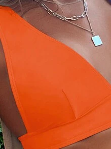 素色V領比基尼泳裝 - 橘色 - 查看 3