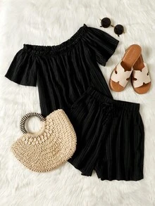 SHEIN LUNE Off Shoulder Frill Trim Top & Shorts - Black - View 2