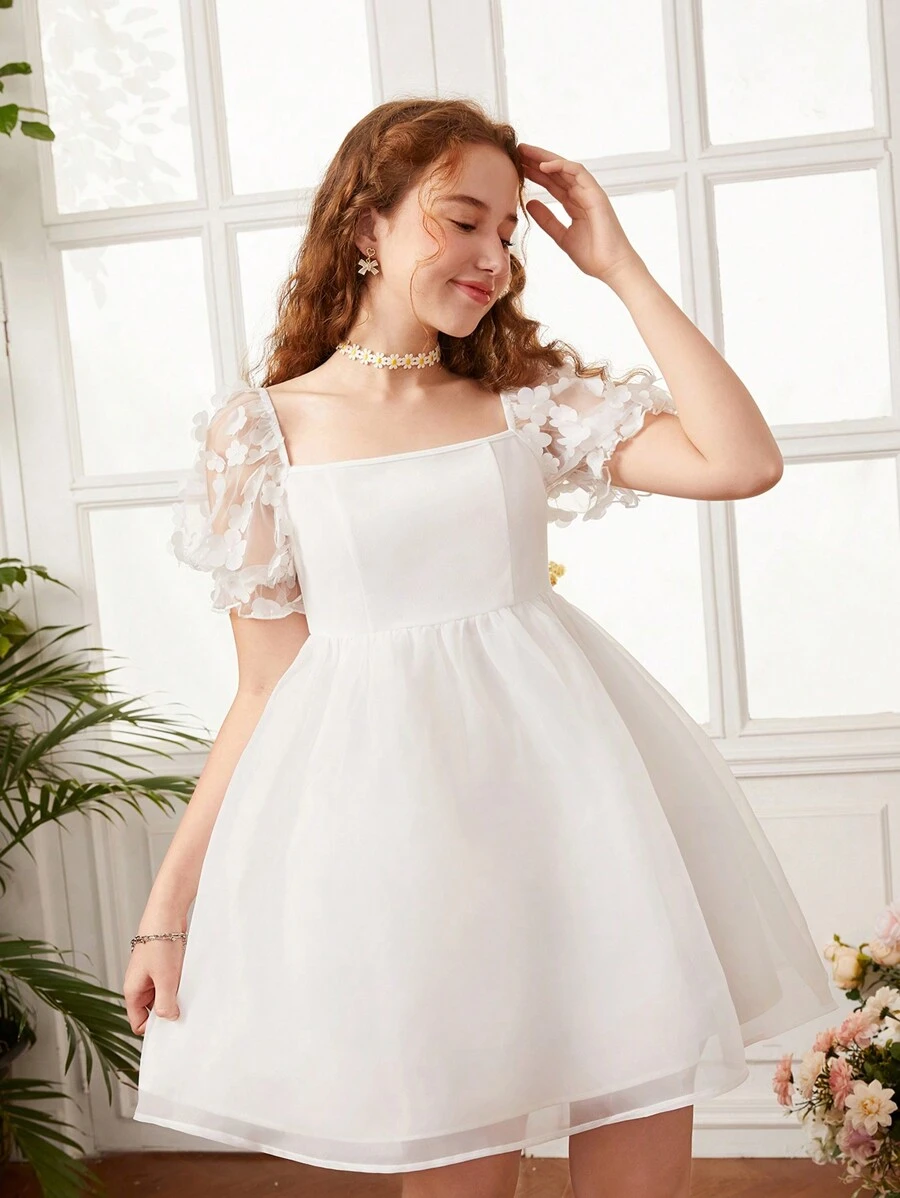 SHEIN Đầm Gái Đề can Tương phản Mesh Dây kéo màu trơn Dễ thương - trắng - Xem 1