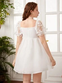 SHEIN Đầm Gái Đề can Tương phản Mesh Dây kéo màu trơn Dễ thương - trắng - Xem 2