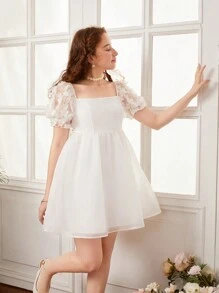 SHEIN Đầm Gái Đề can Tương phản Mesh Dây kéo màu trơn Dễ thương - trắng - Xem 3