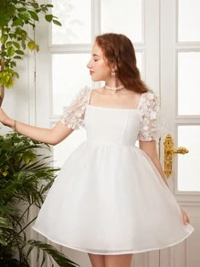 SHEIN Đầm Gái Đề can Tương phản Mesh Dây kéo màu trơn Dễ thương - trắng - Xem 4
