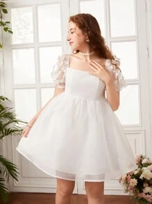 SHEIN Đầm Gái Đề can Tương phản Mesh Dây kéo màu trơn Dễ thương - trắng - Xem 6
