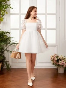 SHEIN Đầm Gái Đề can Tương phản Mesh Dây kéo màu trơn Dễ thương - trắng - Xem 7