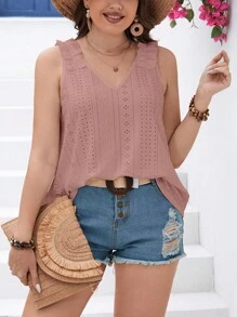 SHEIN Essnce 大碼網眼刺繡褶邊背心上衣 - 藕粉色 - 查看 1