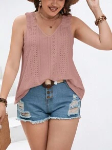 SHEIN Essnce 大碼網眼刺繡褶邊背心上衣 - 藕粉色 - 查看 5
