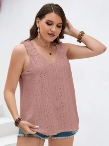 SHEIN Essnce 大碼網眼刺繡褶邊背心上衣 - 藕粉色 - 查看 6