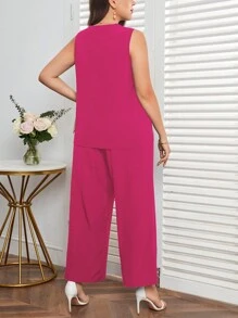 SHEIN Essnce Plus Two Tone Asymmetrical Hem Top & Wide Leg Pants - Hot Pink - View 2