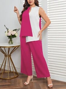 SHEIN Essnce Plus Two Tone Asymmetrical Hem Top & Wide Leg Pants - Hot Pink - View 4