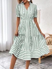 SHEIN VCAY 條紋印花繫帶領荷葉邊連衣裙