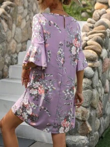 SHEIN VCAY 印花荷葉袖直筒連衣裙 - 淡紫色 - 查看 2