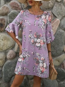 SHEIN VCAY 印花荷葉袖直筒連衣裙 - 淡紫色 - 查看 3