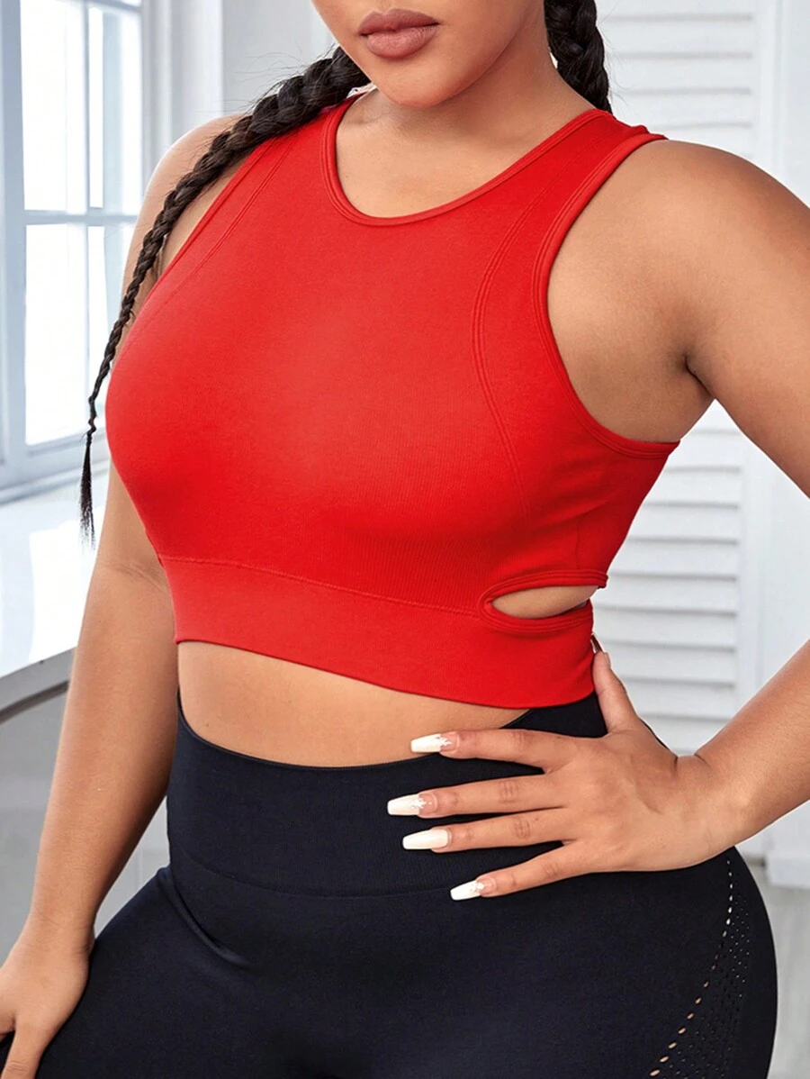 Yoga Basic Plus Cut Out Side Crop Sports Bra - Red - View 1