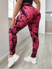 Yoga Basic Plus Tie Dye Wideband Waist Sports Leggings - Red - View 1