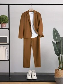 Manfinity Hypemode 男士大码素色前紐扣西裝外套和西裝褲不帶T恤 - 駝色 - 查看 1